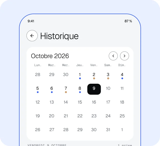 Écran Historique de Tactus avec le calendrier du mois