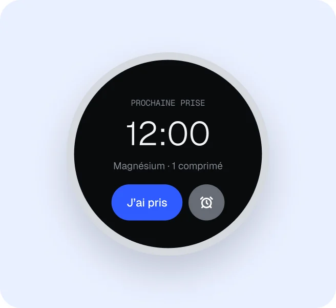 Montre connectée affichant la prochaine prise de Tactus