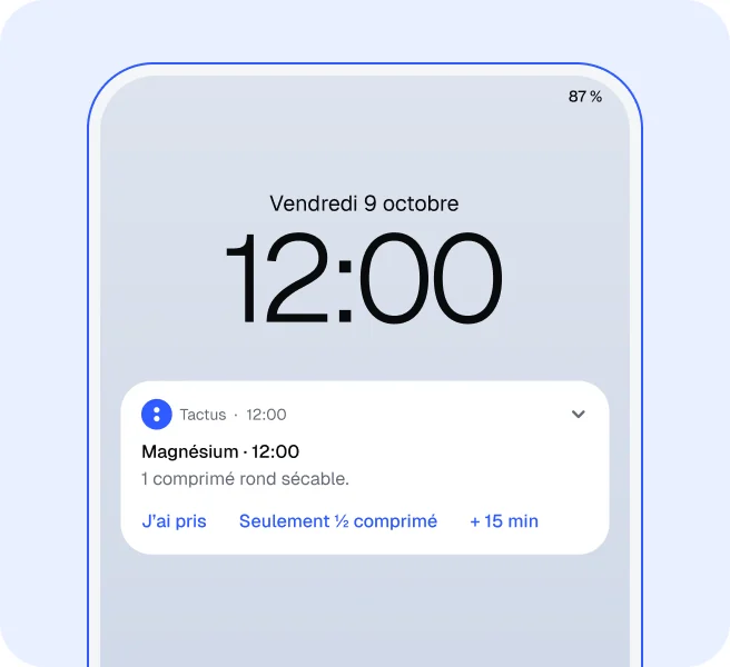 Notification de rappel Tactus sur l’écran verrouillé, avec les actions J’ai pris et report