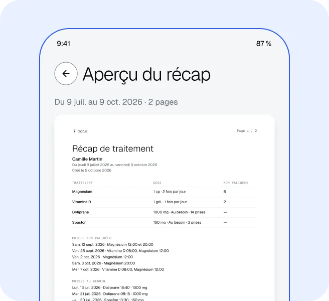 Aperçu du récap PDF de traitement dans Tactus