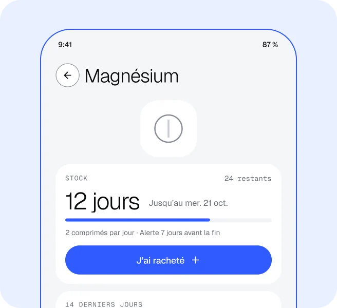 Fiche d’un médicament dans Tactus avec le stock restant en jours
