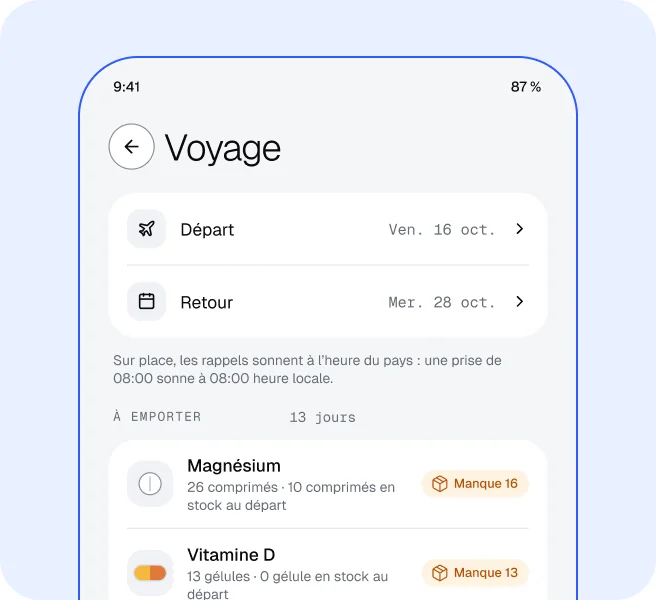Écran Voyage de Tactus avec les dates et les médicaments à emporter